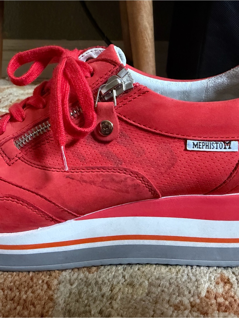 Mephisto OLIMPIA- Cranberry Red Suede Platform Sneaker with Side Zipper - Picture 2 of 16